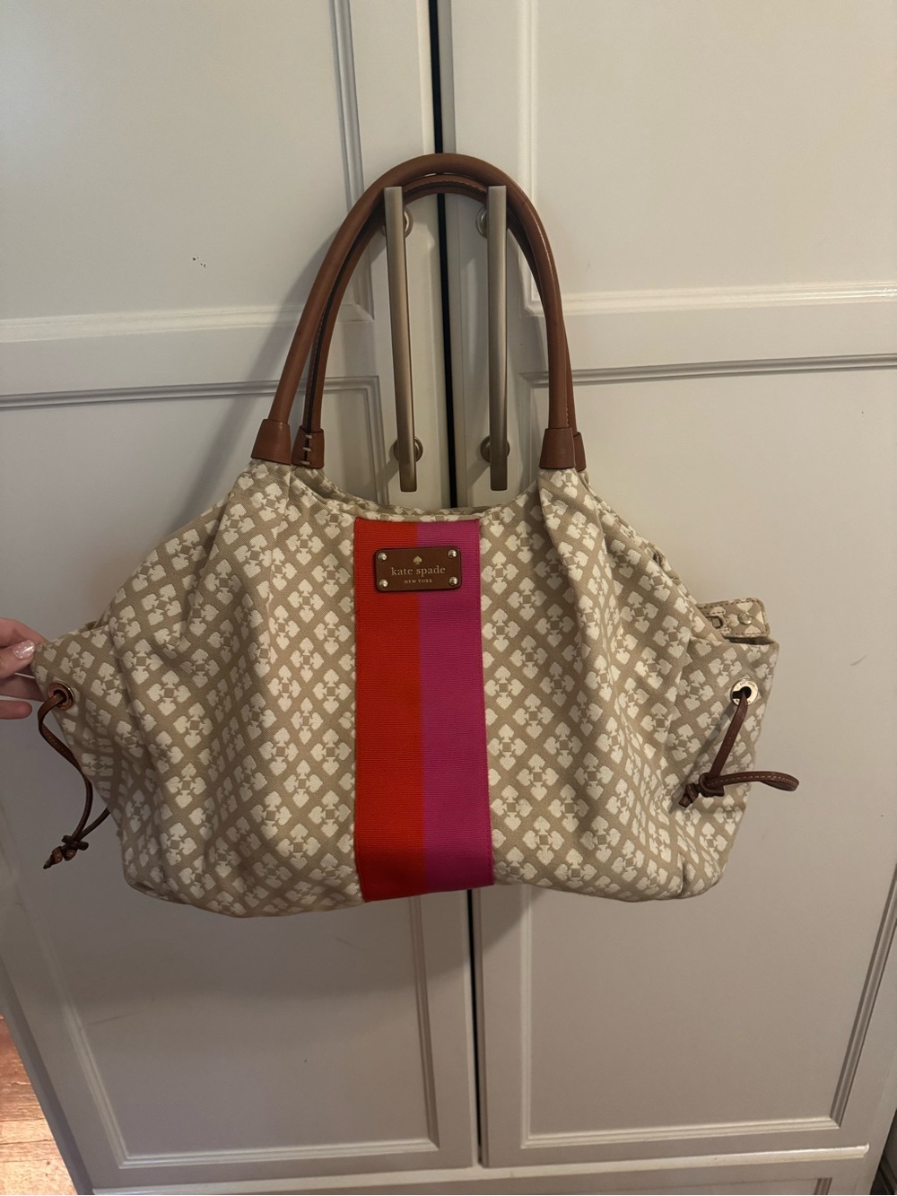 kate spade Beige Canvas Tote/Diaper Bag with Pink and Red Center Stripe